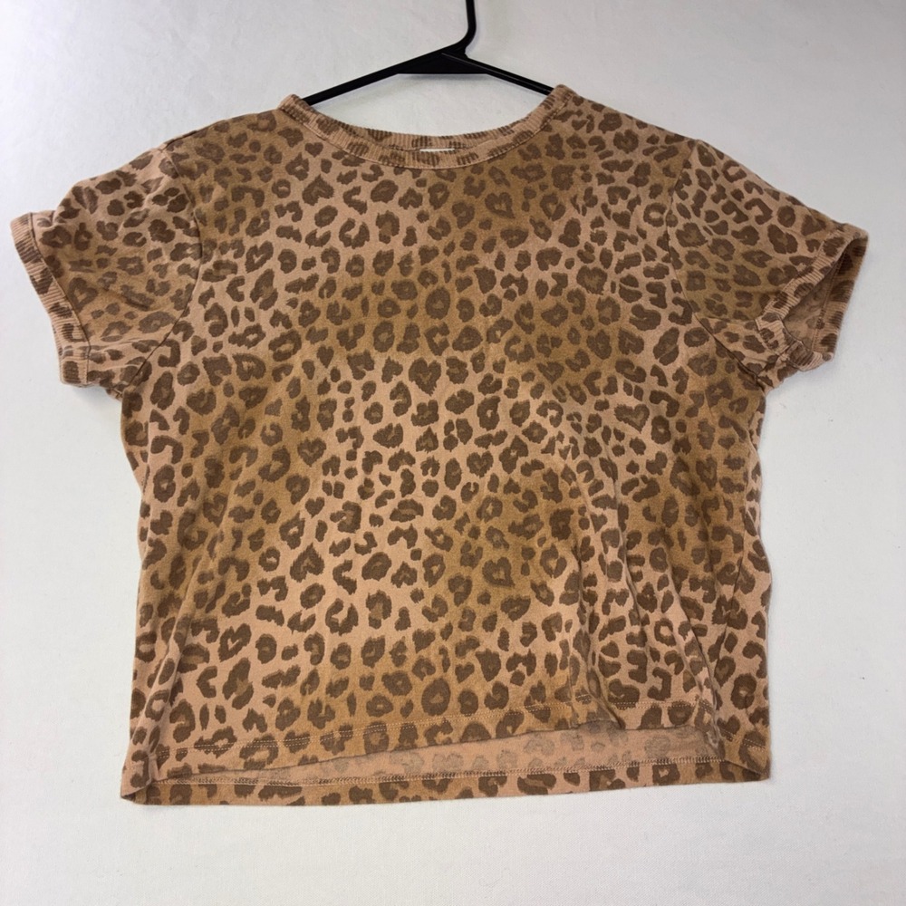 497 Y2K PINK Victoria's Secret Crop Top M Tan Leopard Animal Print Ribbed Knit